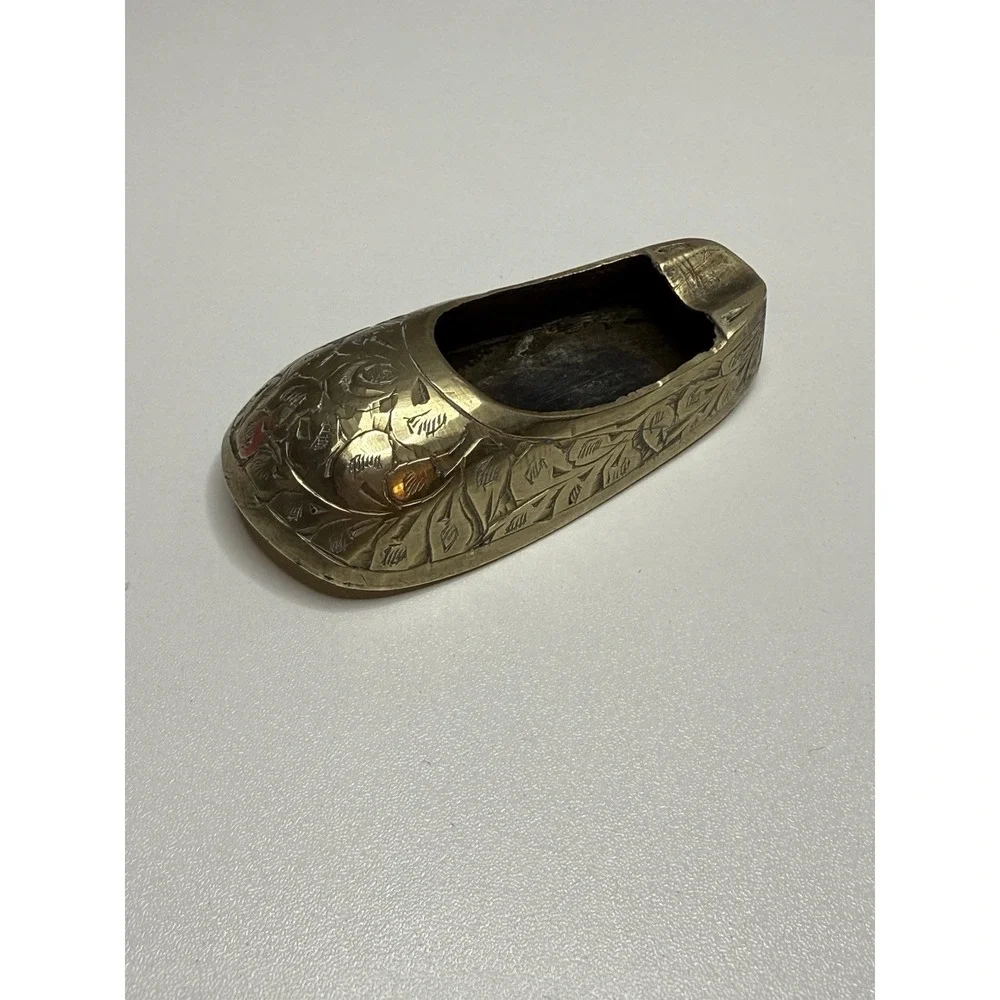 Vintage Brass Slipper Ashtray Etched Floral Design Mini Shoe Trinket Dish